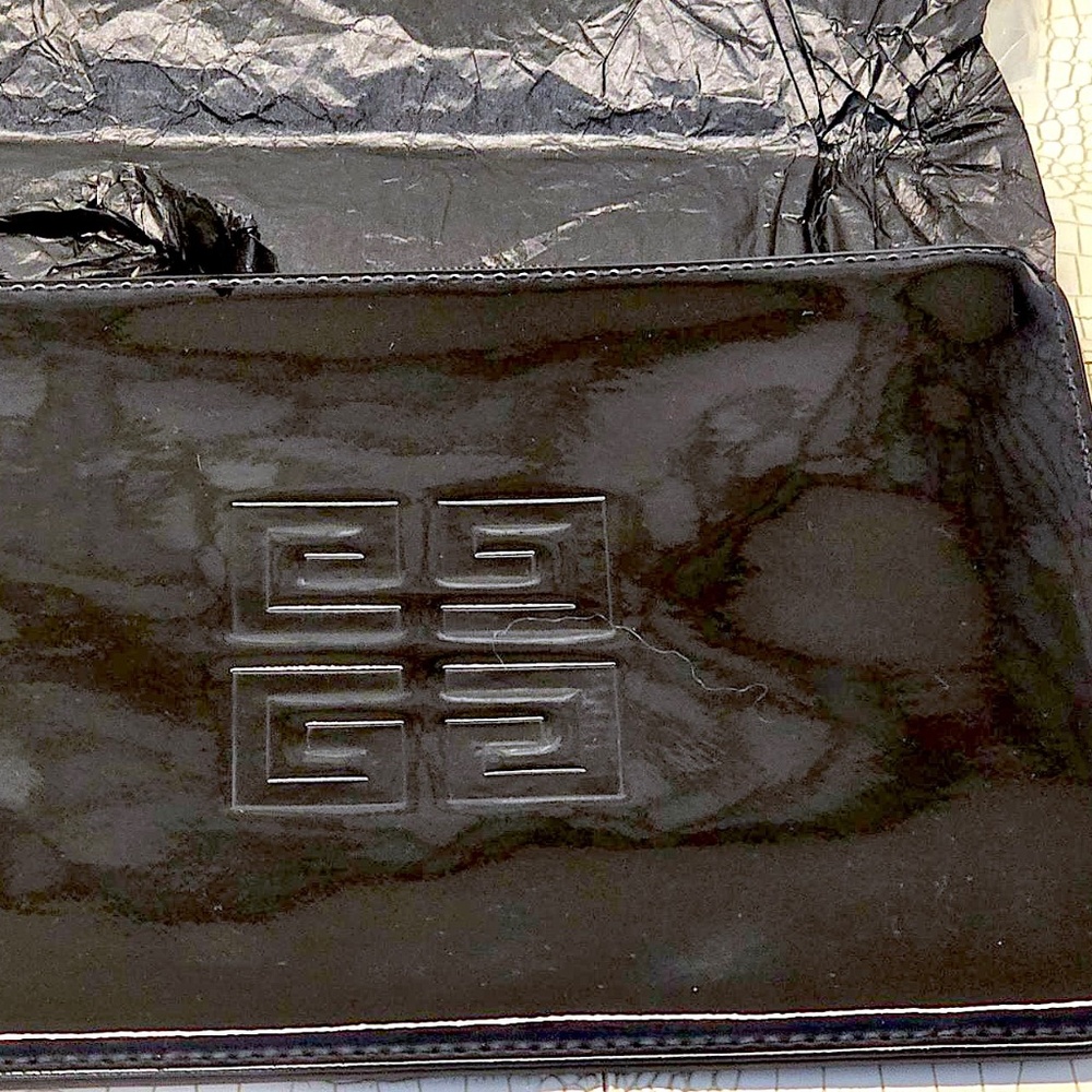 Brand New Givenchy Black Patent Zip Pouch 8 Inch x 6 Inch.